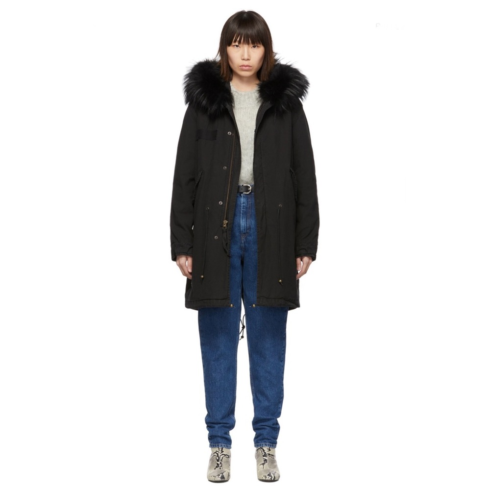 LIKE NEW Mr & Mrs Italy Black Long Fur Army Parka